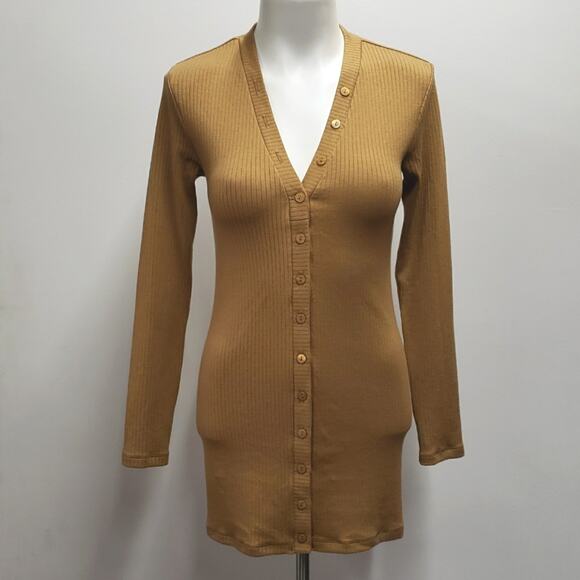 Enza Costa Dress Women's Small Ribbed Bodycon Mini Buttoned Front Sample Tan - Picture 1 of 8